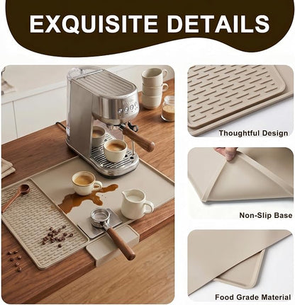 Caketime 2 In 1 Silicone Coffee Bar Mat Accessories for espresso Machine with Detachable Dish Drying Rug Waterproof Kitchen Office House Gadgets Under Sink Drainer 2026 Must Haves 16"x16" Beige