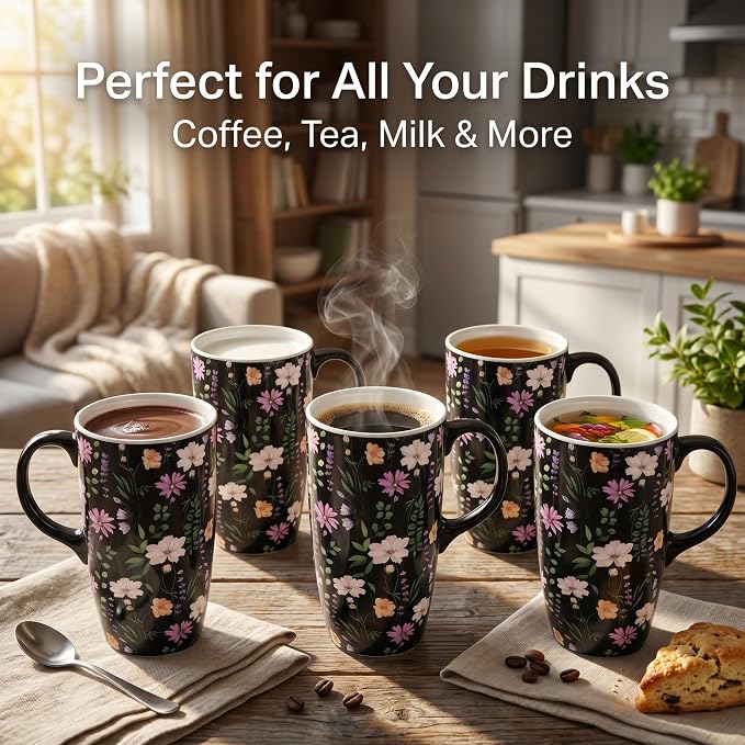 Topadorn 17oz Black Wildflower Ceramic Travel Mug with Lid, Dark Floral Coffee Cup, Microwave & Dishwasher Safe, Gift Box Included