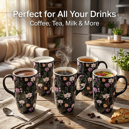 Topadorn 17oz Black Wildflower Ceramic Travel Mug with Lid, Dark Floral Coffee Cup, Microwave & Dishwasher Safe, Gift Box Included