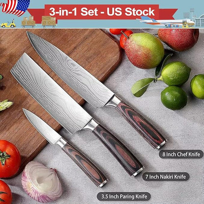 3 PCS Japanese Nakiri Knife Set - Professional High Carbon Stainless Steel Vegetable Cleavers, Ultra Sharp Razor Edge Kitchen Knife with Ergonomic Handle & Gift Box, Multi-purpose Asian Chef Knives