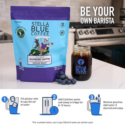 Stella Blue Cold Brew Coffee Bags, Blueberry Muffin, Medium Roast Ground Coffee, Smooth, Bold and Refreshing 100% Arabica, 6 Brew Packets, Makes 24 Cups, Rainforest Alliance Certified