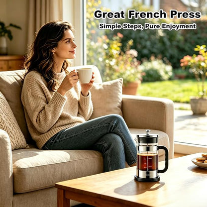 QUQIYSO French Press Coffee Maker, 2.5mm Thick Borosilicate Glass, 4 Layer Stainless Steel Filter, BPA Free Cold Brew Coffee Maker & Teapot, Durable Coffee Press for Home, Travel, 34oz, Silver