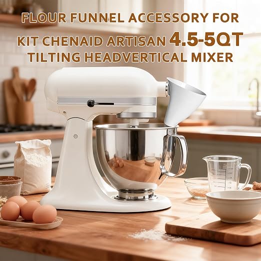 2 Pcs Funnel for Kitchen Aid Mixer, Kitchen Aid Accessories and Attachments for Kitchen Aid Artisan KSM150 4.5-5 Quart Tilt-Head Mixer, Dishwasher Safe Flour Funnel for Kitchen Aid Mixer (milky white)