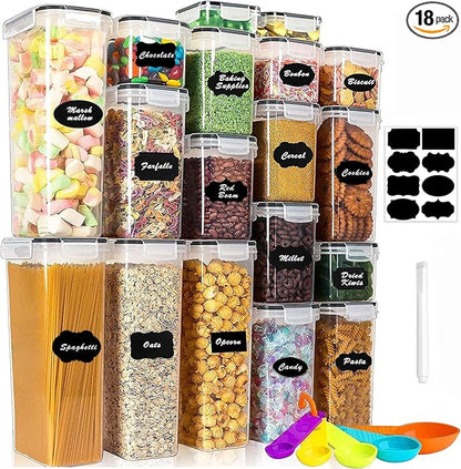 18 Pack Airtight Food Storage Containers with Lids, BPA Free Clear Pantry Storage Container for Kitchen Food Pantry Organizers and Storage, Plastic Pantry Organiser for Cereal,Flour and Sugar