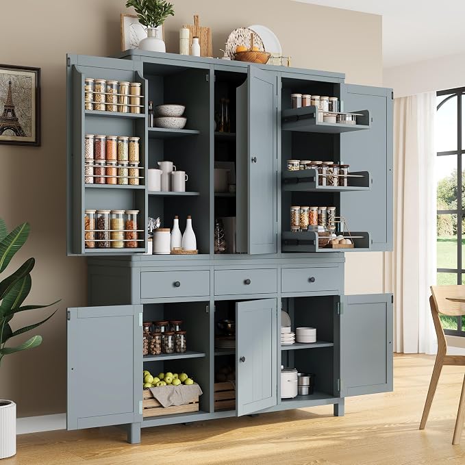 74.8''H High Freestanding Kitchen Pantry, Wooden Kitchen Organizers Cupboard Storage Cabinet with Door Shelves, Adjustable Shelves, Pull-out Trays and Drawers for Dining Room Living Room (Gray-2.12)