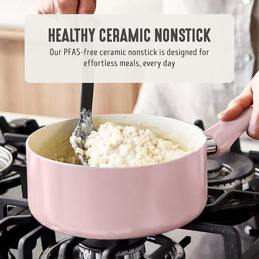GreenLife 2 Quart Nonstick Saucepan with Lid, Non-Toxic Ceramic Pot, Dishwasher Safe, Stay-Cool Handle, Induction Ready, Fast Heating, PFAS Free, Easy Clean, Blush Pink