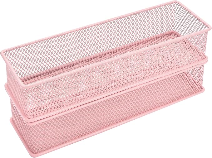 Annova Mesh Stackable Drawer Cabinet and Shelf Organizer Bins Storage Basket School Office Supply Holder Tray- Set of 2 (Light Pink, 3x9x2 Inch)