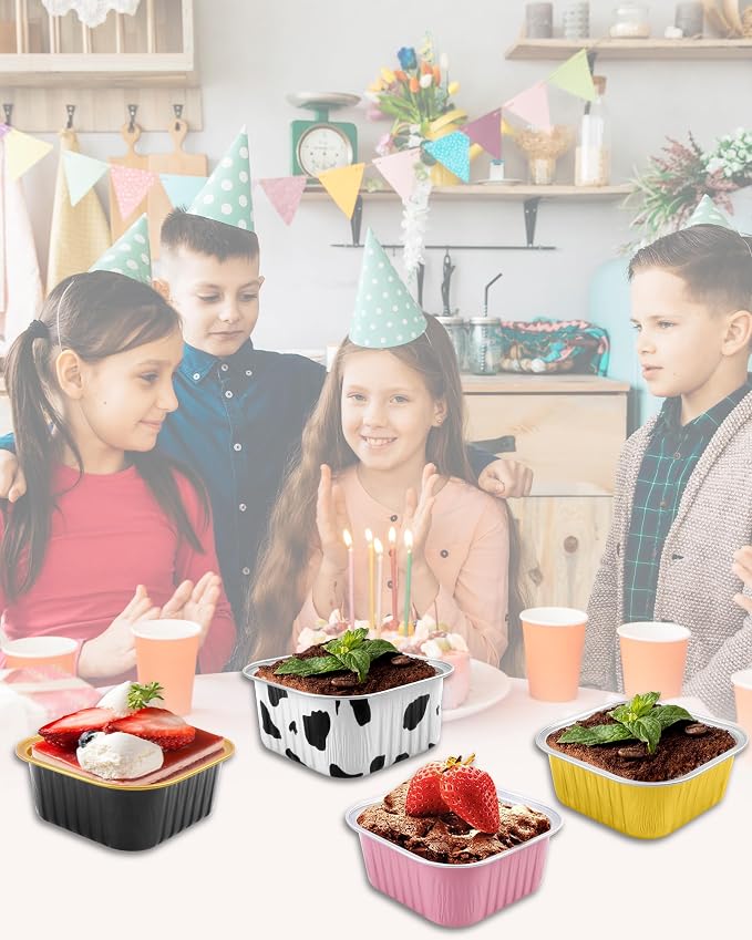 30 Pack 5oz Square Mini Cake Pans with Lids and Spoons,Aluminum Foil Baking Cups,Disposable Mini Loaf Pans Ramekins for Brownie, Cheesecake, Mousse & Wedding Party Favors-Gold