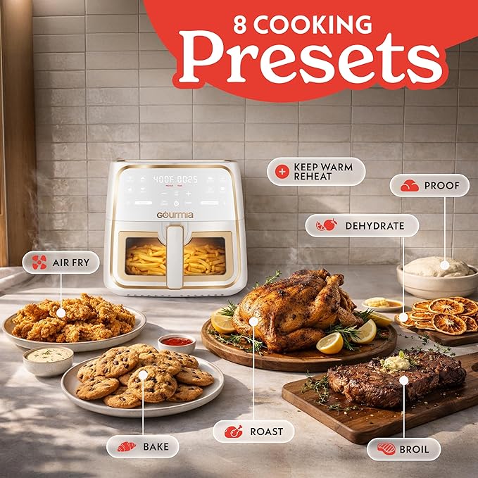 Gourmia 8 Qt Air Fryer, 8 Presets with Digital Display, FryForce 360° Technology, Easy View Window & Interior Light, Dishwasher Safe Basket, White