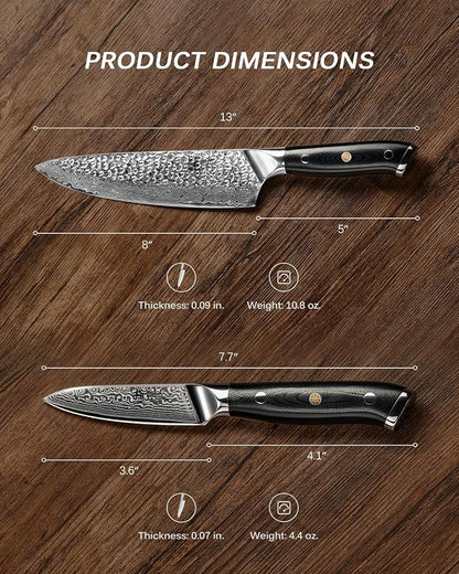 KYOKU Knife Set, Shogun Series 2pc Japanese Style Kitchen Knife Set, 8" Chef 3.6" Paring Knife with Sheath Gift Box, Professional Sharp Damascus Stainless Steel Knives for Meat Vegetable Fruit
