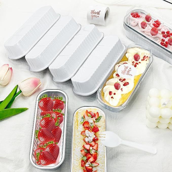100Pack White Valentines Mini Loaf Pans with Lids and Spoons and Stickers Individual Mini Cake Pans Disposable Portable Stackable, 6.8Oz Aluminum Pans, Dessert Cups Containers for Sales,Party
