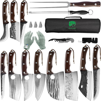 FULLHI 17pcs Butcher Chef Knife Set with Sheath High Carbon Steel Cleaver Kitchen Knife Whole Tang Vegetable Cleaver for Home BBQ Camping with Knife Bag