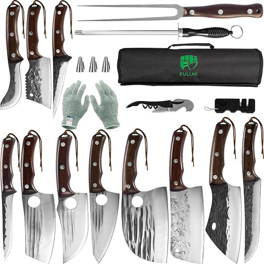 FULLHI 17pcs Butcher Chef Knife Set with Sheath High Carbon Steel Cleaver Kitchen Knife Whole Tang Vegetable Cleaver for Home BBQ Camping with Knife Bag