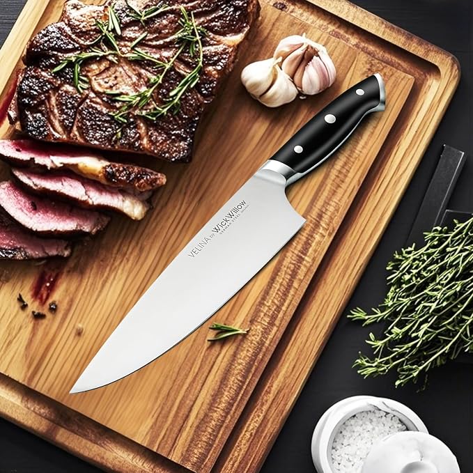 WICKWILLOW 8-Inch Chef Knife - German X50CrMoV15 Steel, Razor-Sharp All-Purpose Kitchen Knife for Everyday Cooking, Meal Prep, Meat, Vegetables & Herbs - Full Tang, Ergonomic Handle, Gift Box