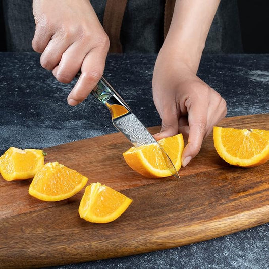 SENKEN Damascus Steel 3.5" Paring Knife with Real Deep-Sea Abalone Shell Handle - Damascus Peeling Knife - 67-Layer Japanese VG10 Forged Steel Blade, Integrated Full-Tang Molding (3.5" Paring Knife)