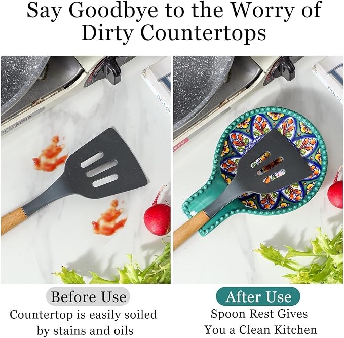 Spoon Holder for Kitchen Counter Ceramic Spoon Rest for Stove Top Large 7.7 Inch Heat-Resistant Cooking Spoon Holder for Coffee Spoon Rest,Spatula or Tongs,Bohemian Green Dishwasher Safe