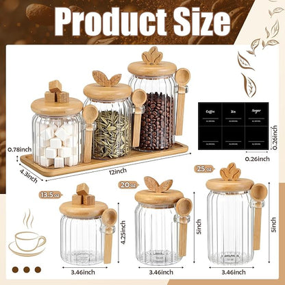 Suclain 3 Pcs Glass Coffee Container with Bamboo Color Lid & Spoon, 25, 20.3, 15 oz Airtight Glass Jar with Wooden Shelf, Food Storage Containers Coffee Jar Tea Container(Bamboo Color)