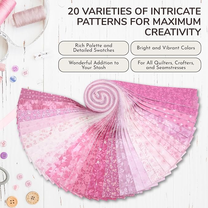 Tinyspool & Co.'s Twirlie Roll 40 Precut Quilting Fabric Strips for Quilting Supplies, Crafting, Sewing, Soft Cotton Strip for Blanket, Rug, Upholstery, Home Decor, and Purse Making, Potter’s Pink