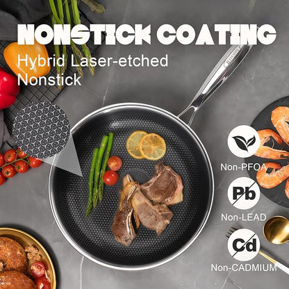 Hybrid 12 inch Stainless Steel Non Stick Skillet,Frying Pans Nonstick, PFOA Free Cookware, Dishwasher and Oven Safe, Induction Compatible
