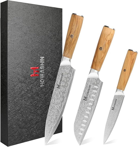 3PCS Chef Knife Set, Sharp High Carbon Stainless Steel Forged Blade Professional Kitchen Knives Set with Ergonomic Olive Wood Handle,Damascus Knives Set for kitchen with Gift Box