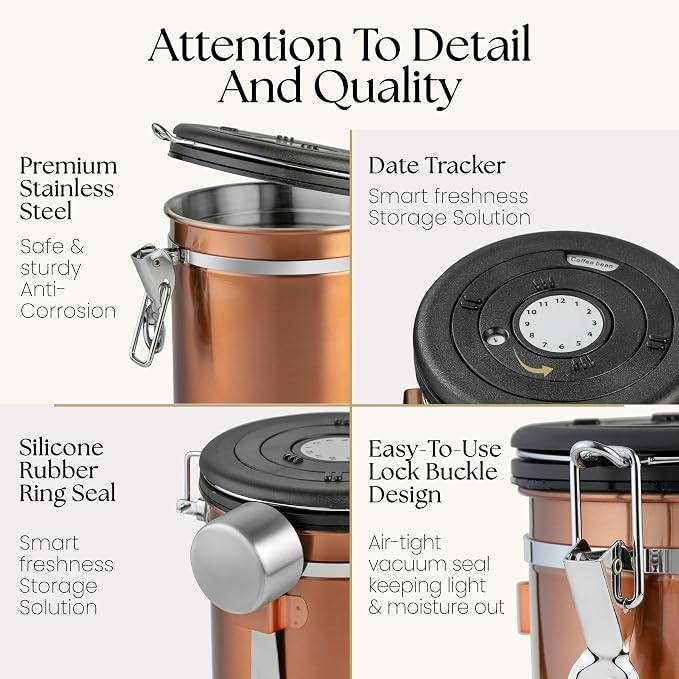 Mixpresso Copper 16 Oz Stainless Steel Coffee Canister with Scoop – Airtight Coffee Container with CO2 Valve for Bean Storage, Date Tracker Lid