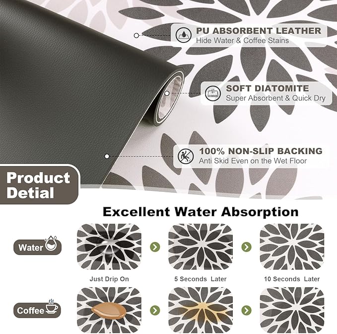 Findosom Floral Dish Drying Mat, 12" x 20" Super Absorbent & Hide Stain Coffee Mat, Cuttable Drying Mat for Kitchen Counter, Under Dish Rack, Coffee Maker, Espresso Machine, Dark Gray