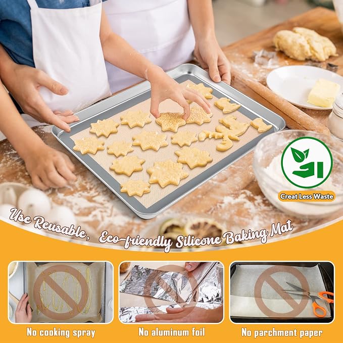Baking Sheet with Rack & Silicone Mat Set, E-far 12.4”x9.7” Stainless Steel Cookie Sheet Broiling Pan for Oven, Rimmed Metal Tray with Wire Rack for Cooking/Cooling/Bacon/Steak - Dishwasher Safe
