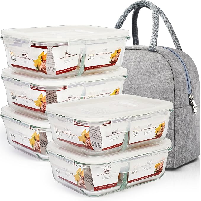 DAS TRUST 5 Pack 36oz Food Storage Containers 2 Compartment Glass Meal Prep Containers with Lids Lunch Containers for Adult with Dividers Reusable Lunch Bento Box Meal Prep Bowls