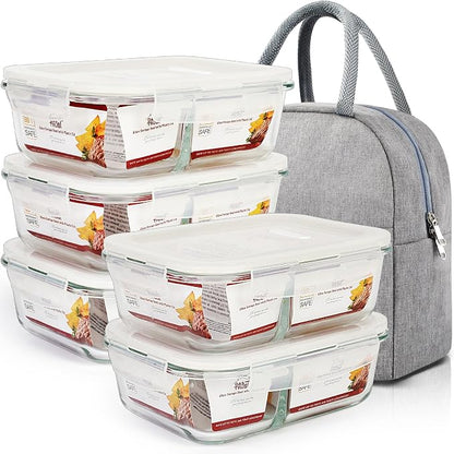 DAS TRUST 5 Pack 36oz Food Storage Containers 2 Compartment Glass Meal Prep Containers with Lids Lunch Containers for Adult with Dividers Reusable Lunch Bento Box Meal Prep Bowls