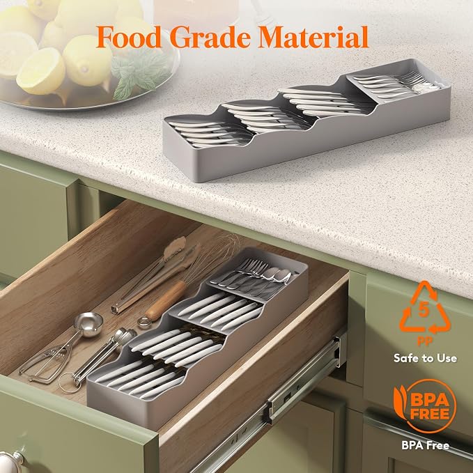Lifewit Compact Flatware Drawer Organizer, Narrow Silverware Tray for Kitchen Drawers, Plastic Cutlery Holder for Spoons, Forks and Knives, Utensils Storage Organization, 2 Pack, Gray