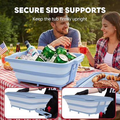 Feasto Collapsible BBQ Prep Tubs with Cutting Board, 9-IN-1, 2 Tubs Portable Grill Prep Station with Side Brackets, Lids, Knives, Meat Claws and Drain Rack, Space-Saving for Kitchen & Camping, Blue