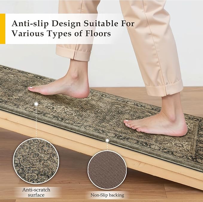 Vintage Kitchen Mats for Floor Anti Fatigue Waterproof Kitchen Rug Brown Cushioned Non-Slip Kitchen Mats Comfort Standing Mat for Sink Laundry Office 17.3"×59"