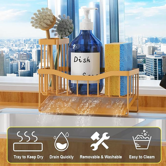 Fssvcd Maifan Sink Caddy Sponge Holder for Kitchen with Brush Holder and Stainless Steel Self Drain Tray, Rustproof Kitchen Sink Organizer for Sponge, Soap Dispenser Storage Accessories