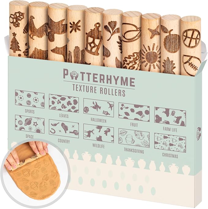 10pcs Wooden Clay Texture Rollers Set for Pottery & Ceramics - Popular Patterns - Potters Stamp Roller Tools for Ceramic Slabs - Textured Rolling Modeling Pins (0.63" x 5" inch)