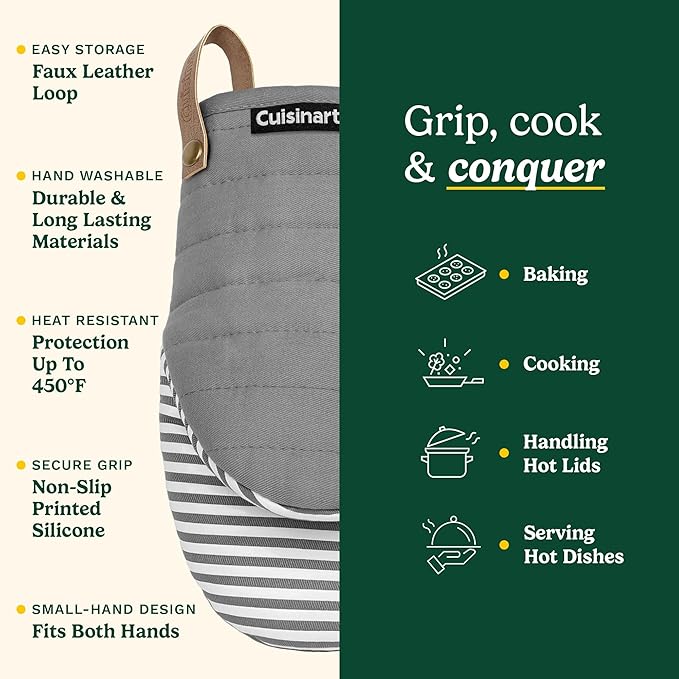 Cuisinart Mini Oven Mitts – 5.5” x 8” Heat-Resistant Kitchen Mitts for Oven with Non-Slip Printed Silicone, Cotton Filling, and Faux Leather Loop – Durable Oven Mitt Set for Cooking & Baking