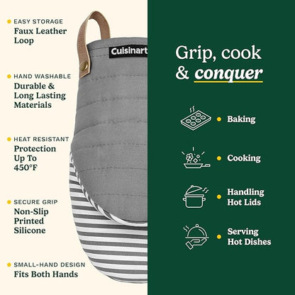 Cuisinart Mini Oven Mitts – 5.5” x 8” Heat-Resistant Kitchen Mitts for Oven with Non-Slip Printed Silicone, Cotton Filling, and Faux Leather Loop – Durable Oven Mitt Set for Cooking & Baking