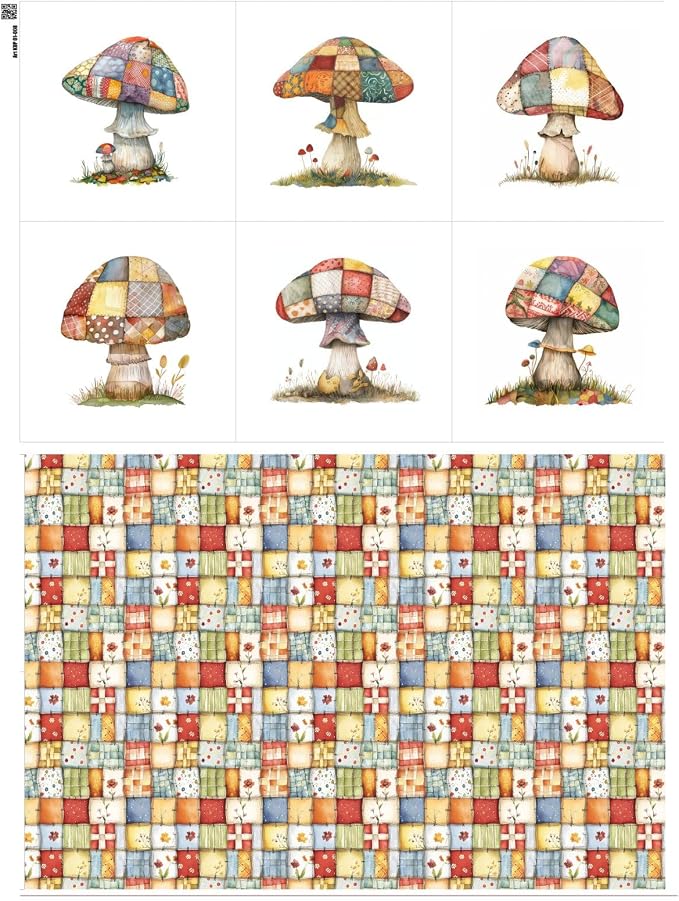 Patchwork Mushroom Cotton Fabric Panel – 6 Designs (10×10 inch Each) + Bonus Sheet 29.5×19.6 inch, 100% Cotton 140 GSM, Made in Türkiye