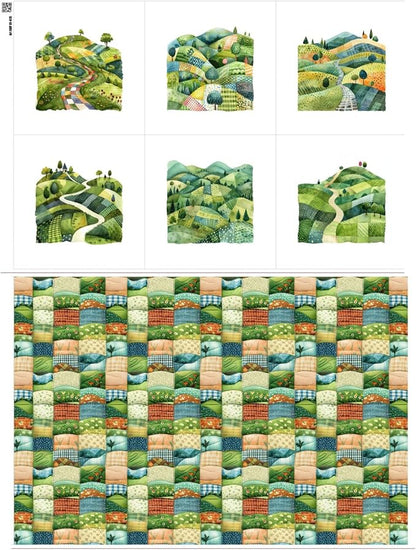 Patchwork Green Hills Cotton Fabric Panel – 6 Designs (10×10 inch Each) + Bonus Sheet 29.5×19.6 inch, 100% Cotton 140 GSM, Made in Türkiye