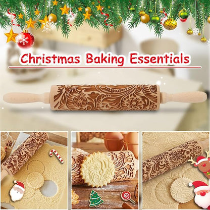 Embossed Rolling Pin for Baking Cookies Christmas Embossing Rolling Pins with Design Wooden Engraved Springerle Roller Pin Dough Patterned Clay Pottery Ceramic Bakers Women (Flower Snowflake Paisley)
