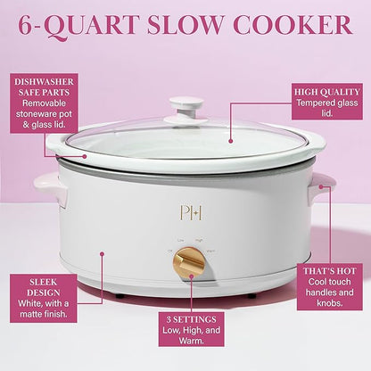 Paris Hilton 6-Quart Manual Slow Cooker, Naturally Nonstick Stoneware Ceramic Insert, Three Settings (Low, High, Warm), Dishwasher Safe Family Size Slow Cooker, White