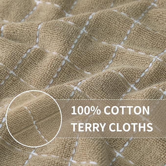 Homaxy 100% Cotton Terry Kitchen Towels(Tan, 13 x 28 inches), Checkered Designed, Soft and Super Absorbent Dish Towels, 12 Pack