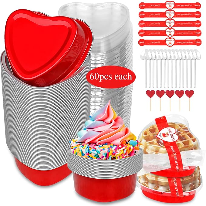YQER 60 Pack Heart Shaped Cake Pans – 3.4oz Mini Aluminum Foil heart shape Cupcake pan with Lids, Spoons & Heart Stickers – Disposable Mothers Day Baking Tins Supplies for Gifts, Red