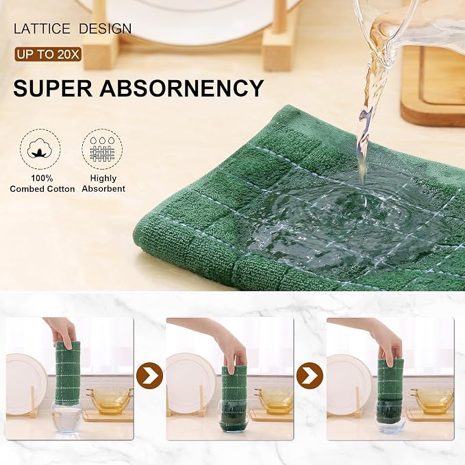 Mordimy 100% Cotton Terry Cloth Kitchen Towels, Super Soft and Absorbent Dish Towels for Drying, Checkered Designed Hand Towels for Kitchen, 13 x 28 Inches, 4 Pack, Grass Green