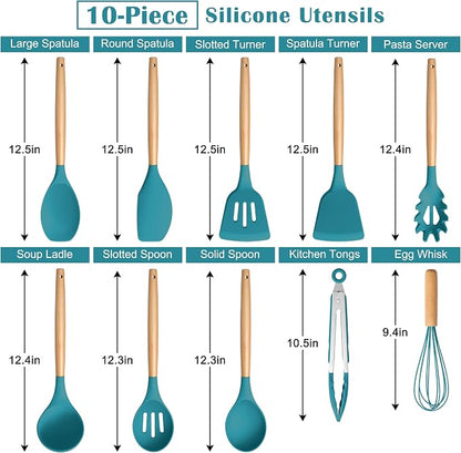 E-far Blue Silicone Cooking Utensils Set, 10-Piece Kitchen Utensils Set with Wooden Handle for Nonstick Cookware, Heat Resistant Kitchen Nonstick Tools Spatula Whisk Tongs Ladle, Non-toxic & Healthy