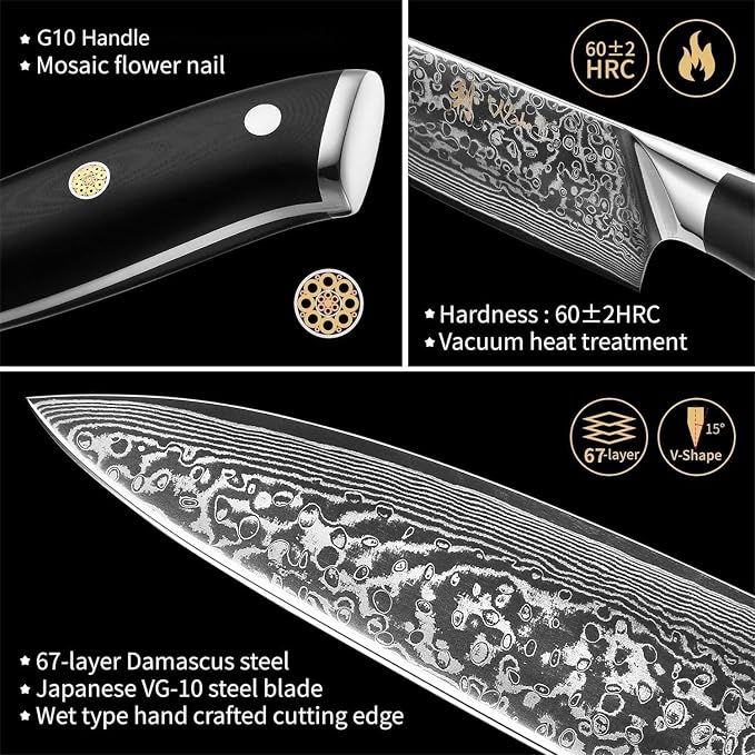 Wakoli Elite Cuisine Knife Block Set – 5-Piece Professional Damascus Kitchen Knife Set with Magnetic Block, G10 Handles & VG10 Core in Elegant Gift Box