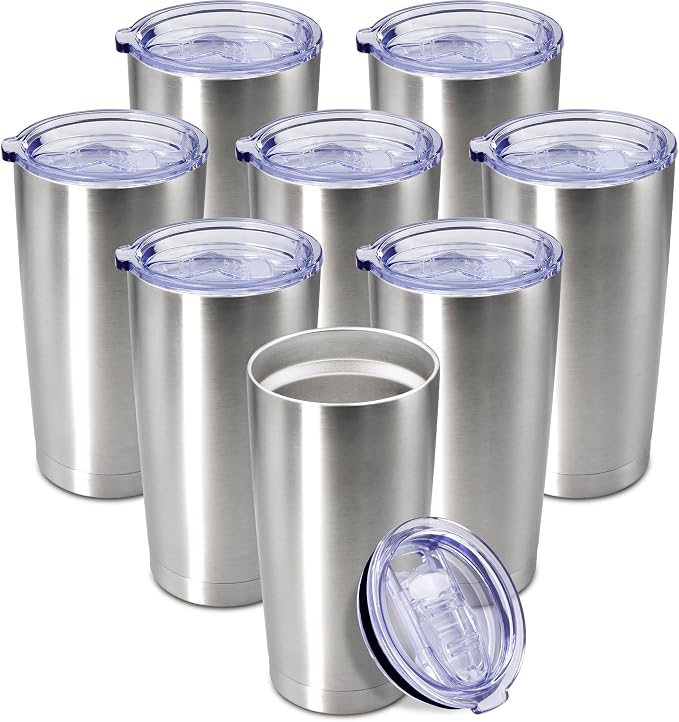 20 oz Tumbler Coffee Travel Tumblers Bulk with Lid Stainless Steel Double Wall Vacuum Insulated Mug Powder Coated Cups fit Car Cupholder for Hot and Cold - Stainless Steel, 8Pack