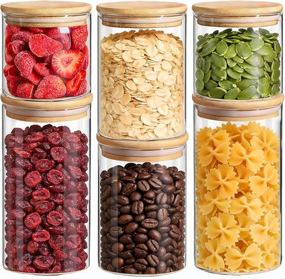 ComSaf Glass Storage Containers with Lids (0.6qt/1qt/1.5qt) Set of 6,Glass Pantry Storage Containers with Airtight Lid & lables for Dry Food, Snacks, Nuts, Stackable for Kitchen, Pantry Organization