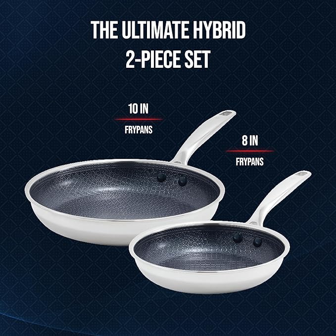 Blue Diamond Hybrid Nonstick Stainless Steel 8” & 10” Frying Pan Skillet Set, PFAS-Free Ceramic Diamond Bond Searing, Egg & Omelet Pan, Dishwasher Safe, Stay-Cool Handle, Induction Ready, All Cooktops