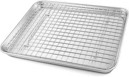TeamFar Baking Tray with Rack, 12.3 x 9.7 x 1 Inch Stainless Steel Toaster Oven Baking Pan with Grid Rack for Baking Roasting Cooling, Healthy & Heavy-Duty, Oven & Dishwasher Safe, 2pcs