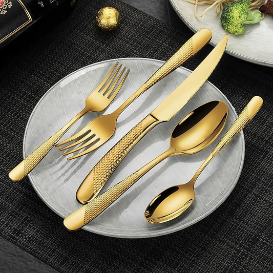 Lemeya 20-Piece Hammered Gold Silverware Set for 4,18/10 Stainless Steel Flatware Set with Serrated Forged Knives,Heavy Duty Cutlery Set for Home & Party Restaurant,Mirror Polished, Dishwasher Safe